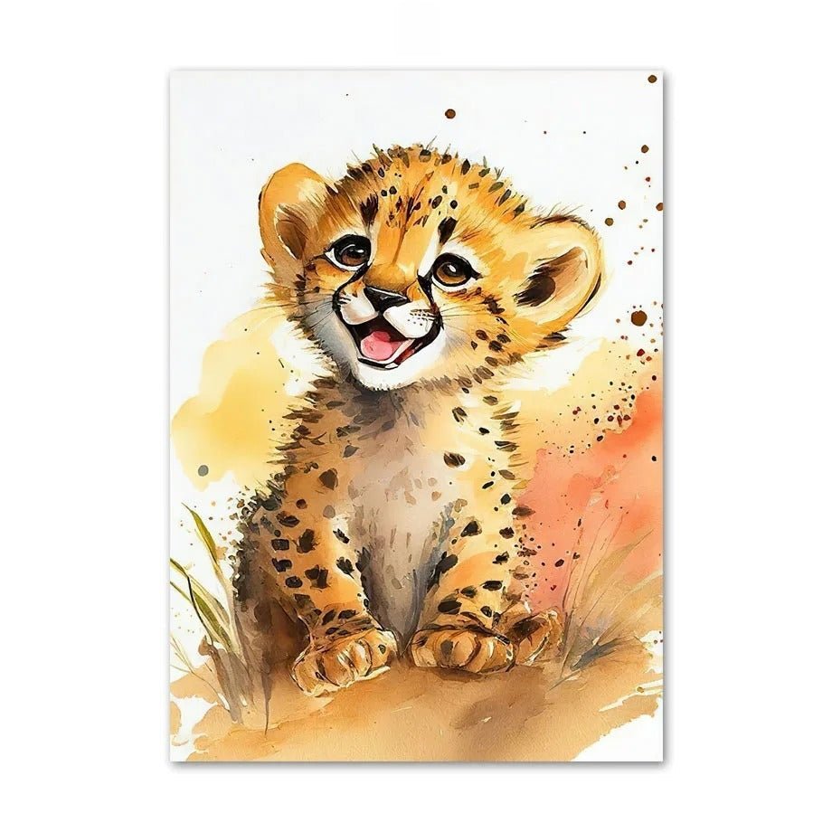 Poster: Cuccioli della Savana - Poster per camera dei bambini con piccoli animali della savana - Leopardo - 20x30cm