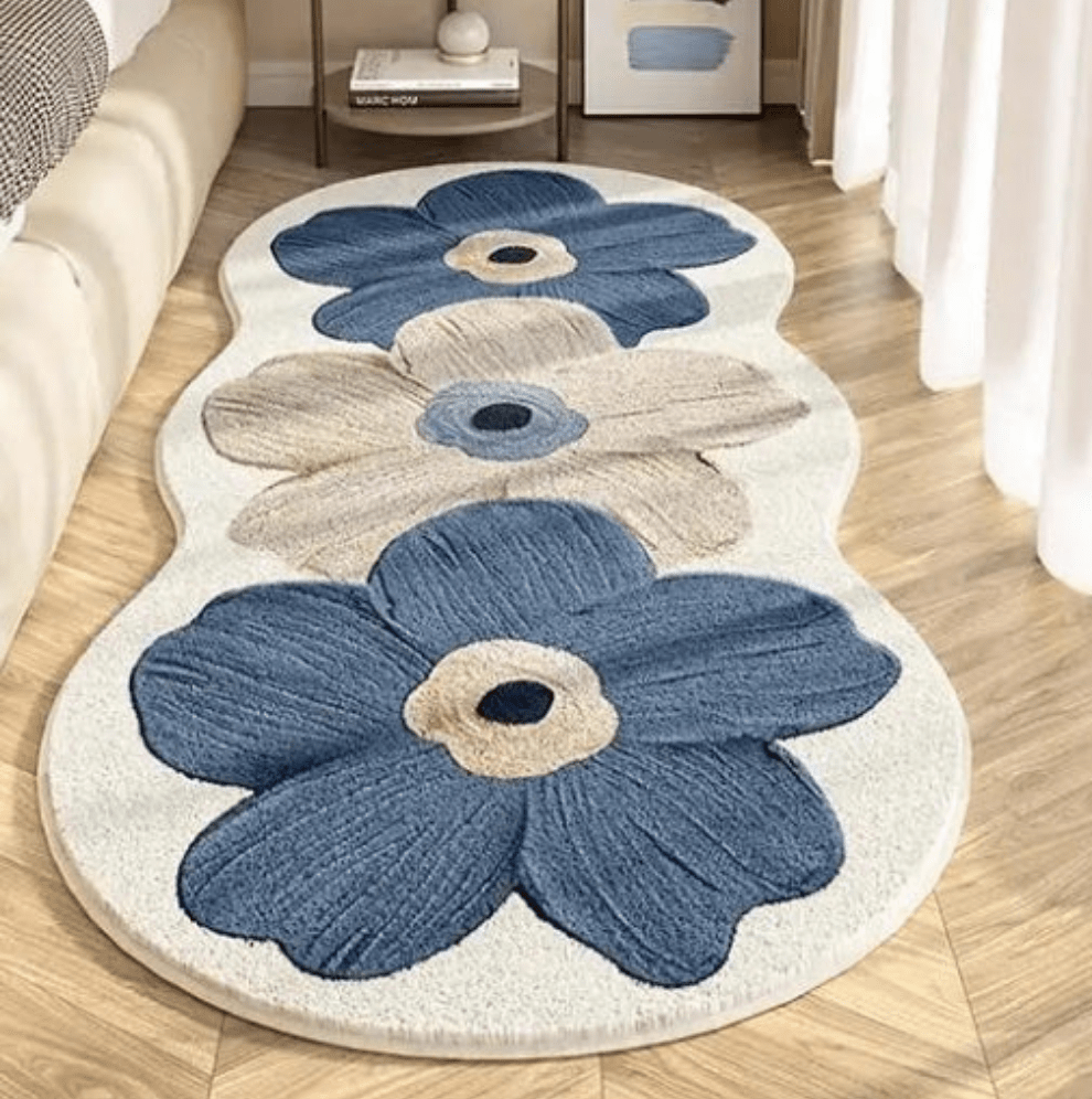 Tappeti Oasi di Fiori - tappeti scendiletto varie misure con fio - Blu e Beige - 40x120cm