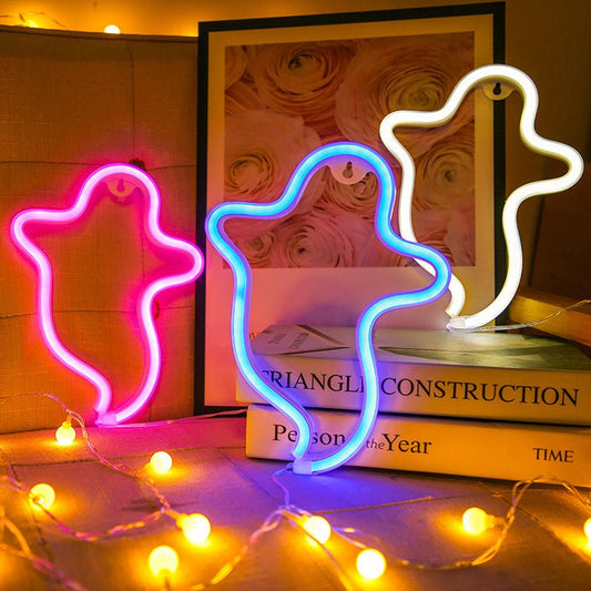 Insegne Neon: Fantasma - Insegne al neon, con batterie e presa usb. Led a basso consumo. Vari colori disponibili. - Bianco caldo -