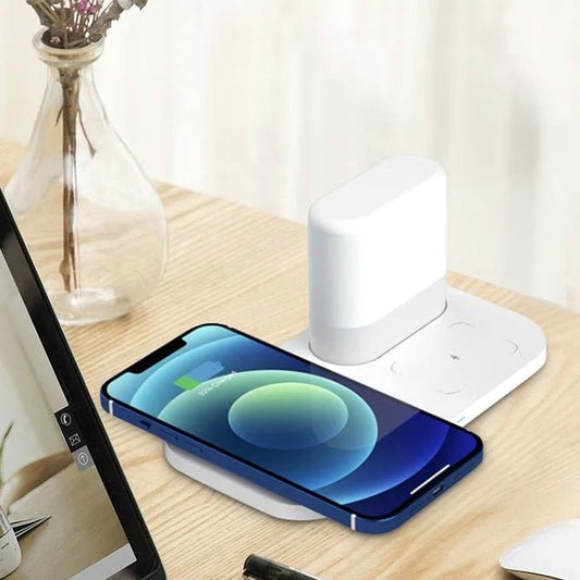 Lampada da comodino Multifunzione - Lampade con caricatore wireless per smartphone e cuffie. - Bianco -